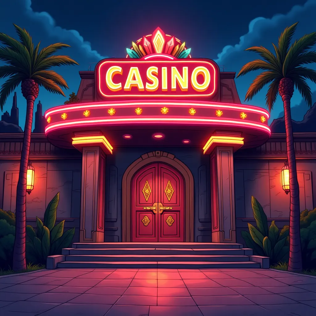 Cartoon casino entrance with neon lights